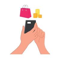 Online shopping and payments. Smartphone with shopping bag and coin stack icons. E-commerce tools. vector