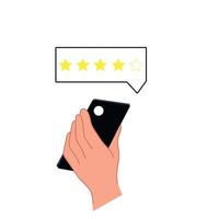 Single hand holding smartphone with star rating icon. Online product reviews and quality assessment concept. E-commerce customer feedback and satisfaction tracking. vector