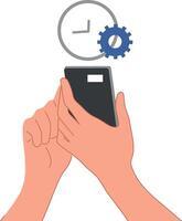 Smartphone for time management and settings. Clock and gear icons. Productivity tools and mobile apps vector