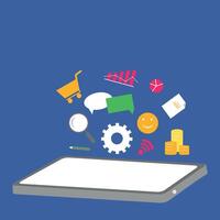 System settings and financial growth. Gear icon, money symbols, shopping cart, and data visualization for e-commerce and online marketing vector