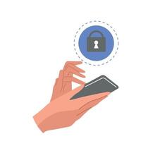 Smartphone usage for secure data access. Hands holding phone with closed lock icon. Concept of online privacy, security, and protection. vector