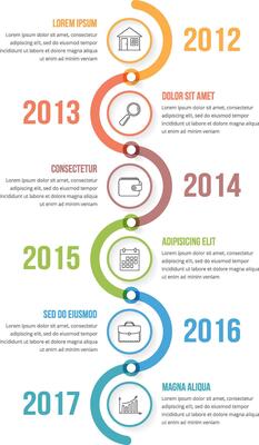 Vertical timeline infographics template with colorful circles, workflow or process diagram
