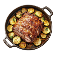 A pork roast in a pan with zucchini and other vegetables png