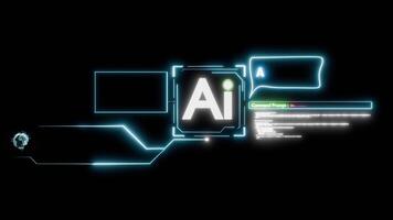 A digital interface with neon outlines shows AI and AI Chatbot in a speech bubble, alongside command prompts and graphs on a black background, reflecting AI and software. video