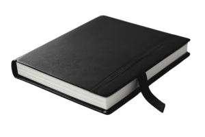 Elegant black notebook with a ribbon bookmark sits on a plain surface ready for thoughts and ideas png