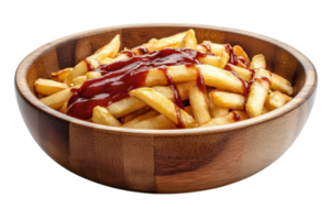 Crispy golden fries served in a wooden bowl with rich ketchup on top for a delightful snack experience png