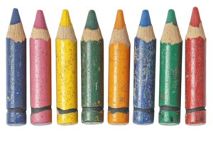 Colorful crayons arranged in a row showing wear and tear, perfect for creative artistic projects at home or school png