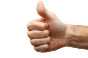 Hand with thumbs up gesture expressing approval and positivity in front of a plain background png