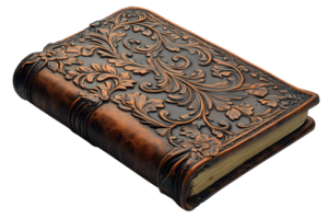 Ornately designed leather-bound book resting on a surface showcasing intricate floral patterns and craftsmanship png