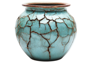 Decorative cracked pottery vase showcasing intricate details and vibrant turquoise color in a well-lit setting png