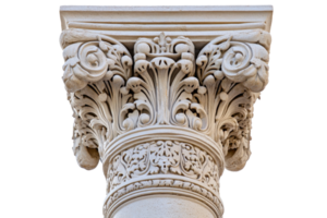 Detailed view of an ornate Corinthian column showcasing intricate floral designs in a historical architecture setting png