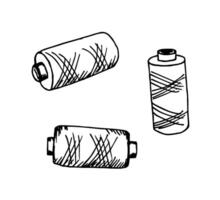 Simple drawing of a black outline on a white background. Set of threads, bobbins, spools. Sewing supplies, needlework, hobbies. vector