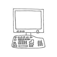 Simple doodle drawing in black outline. Computer monitor with blank screen, place for text, keyboard. Distance learning, remote work. vector