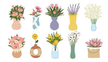 Bouquets of flowers in different vases. Spring and summer colorful flowers. Set of cartoon flat illustrations. vector