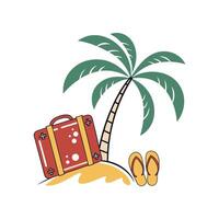 A red suitcase and flip flops are next to a palm tree vector