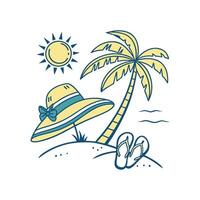A hat and flip flops on the beach with palm trees vector