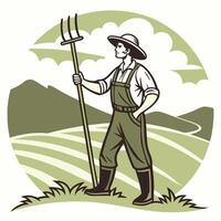 Illustration of farmer holding pitchfork in field with mountains in background set inside circle on isolated background vector