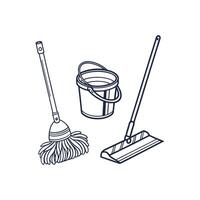 Cleaning tools, bucket and mop line icon vector