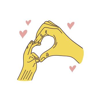 Two hands making a heart shape with hearts in the background vector