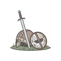 Medieval shield and sword on grass vector