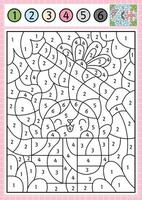 Saint Valentine color by number activity with cute kawaii cat getting out the present box. Love holiday scene. Black and white counting game with funny kitten. Coloring page for kids vector