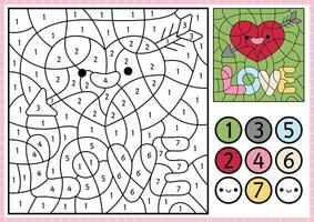 Saint Valentine color by number activity with cute kawaii heart pierced with arrow, lettering. Love holiday scene. Black and white counting game with funny word. Coloring page for kids vector