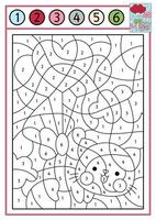 Saint Valentine color by number activity with cute kawaii cat flying on heart shaped balloons. Love holiday scene. Black and white counting game with funny kitten. Coloring page for kids vector