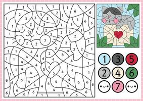 Saint Valentine color by number activity with cute kawaii cat lying on the letter sealed with heart. Love holiday scene. Black and white counting game with funny kitten. Coloring page for kids vector