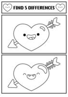 Saint Valentine kawaii black and white find differences game. Attention skills activity with heart pierced with arrow. Love holiday puzzle, coloring page for kids. Printable what different worksheet vector