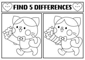 Saint Valentine kawaii black and white find differences game. Attention skills activity with cute cat with flower bouquet, heart. Love holiday puzzle, coloring page for kids. Printable worksheet vector