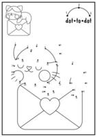 Saint Valentine dot-to-dot and color activity with cute kawaii cat sending letter with heart. Love holiday connect the dots game with funny character. Coloring page for kids. Printable worksheet vector