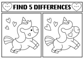 Saint Valentine kawaii black and white find differences game. Attention skills activity with cute unicorn with heart. Love holiday puzzle, coloring page for kids. Printable what is different worksheet vector