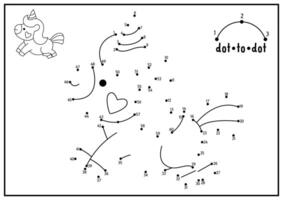Saint Valentine dot-to-dot and color activity with cute kawaii unicorn with heart. Love holiday connect the dots game with funny character. Coloring page for kids. Printable worksheet vector