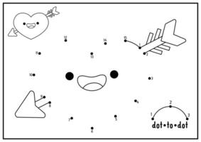 Saint Valentine dot-to-dot and color activity with cute kawaii heart pierced with arrow. Love holiday connect the dots game with funny character. Coloring page for kids. Printable worksheet vector