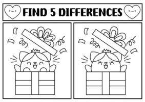 Saint Valentine kawaii black and white find differences game. Attention skills line activity with cute cat getting out of the present box. Love holiday line puzzle for kids. Printable worksheet vector