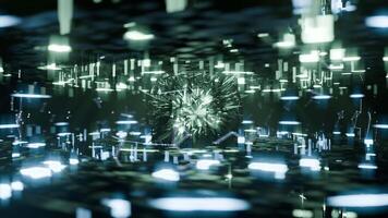 A geometric luminous sphere surrounded by platforms and lights in an abstract technological environment. loop seamless synchronized at 120 bmp video