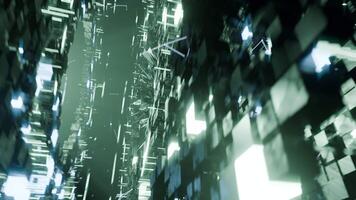 A geometric luminous sphere surrounded by platforms and lights in an abstract technological environment. loop seamless synchronized at 120 bmp video