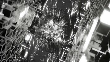 A geometric luminous sphere surrounded by platforms and lights in an abstract technological environment. loop seamless synchronized at 120 bmp video