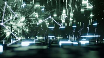 A geometric luminous sphere surrounded by platforms and lights in an abstract technological environment. loop seamless synchronized at 120 bmp video