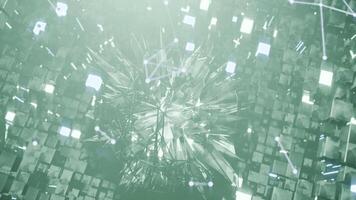 A geometric luminous sphere surrounded by platforms and lights in an abstract technological environment. loop seamless synchronized at 120 bmp video