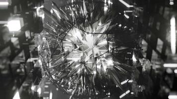 A geometric luminous sphere surrounded by platforms and lights in an abstract technological environment. loop seamless synchronized at 120 bmp video
