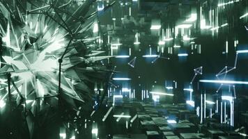 A geometric luminous sphere surrounded by platforms and lights in an abstract technological environment. loop seamless synchronized at 120 bmp video