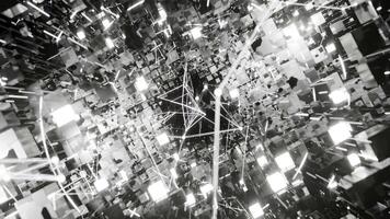 A geometric luminous sphere surrounded by platforms and lights in an abstract technological environment. loop seamless synchronized at 120 bmp video