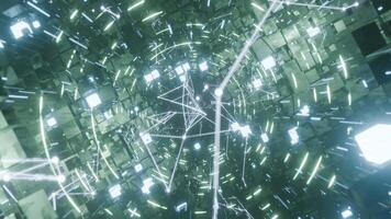 A geometric luminous sphere surrounded by platforms and lights in an abstract technological environment. loop seamless synchronized at 120 bmp video