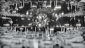 A geometric luminous sphere surrounded by platforms and lights in an abstract technological environment. loop seamless synchronized at 120 bmp video
