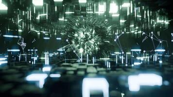A geometric luminous sphere surrounded by platforms and lights in an abstract technological environment. loop seamless synchronized at 120 bmp video
