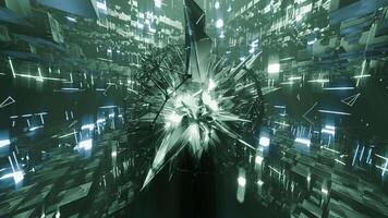 A geometric luminous sphere surrounded by platforms and lights in an abstract technological environment. loop seamless synchronized at 120 bmp video