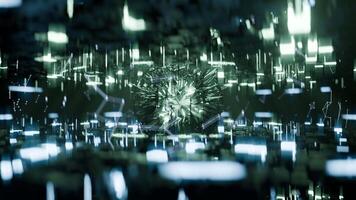 A geometric luminous sphere surrounded by platforms and lights in an abstract technological environment. loop seamless synchronized at 120 bmp video