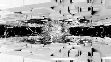 A geometric luminous sphere surrounded by platforms and lights in an abstract technological environment. loop seamless synchronized at 120 bmp video