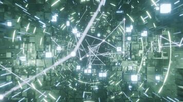 A geometric luminous sphere surrounded by platforms and lights in an abstract technological environment. loop seamless synchronized at 120 bmp video